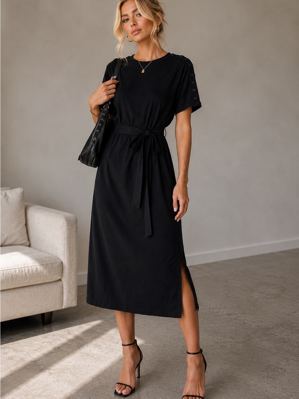NEW Arache & Cloz Black Tie Waist Midi Dress Button Sleeve Medium